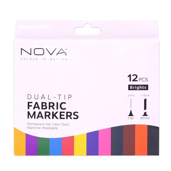 Nova - Fabric - Textile Markers - Dual Tip - Brights - 12 Pack
