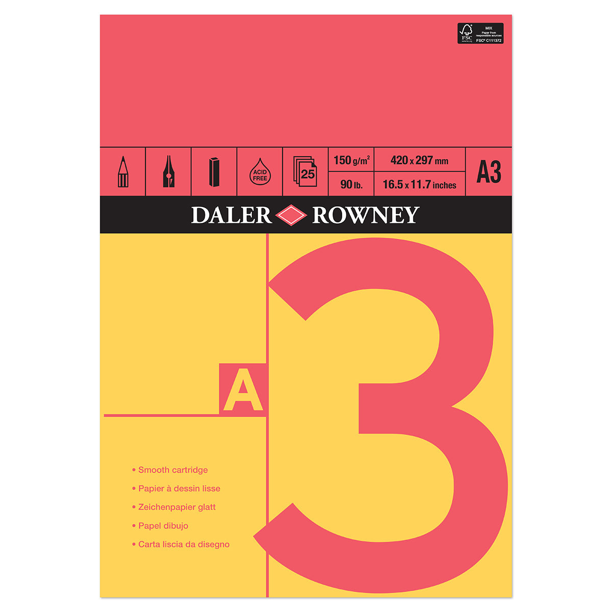 Daler Rowney - Red & Yellow Gummed Cartridge Sketch Pad - A3 - 150gsm