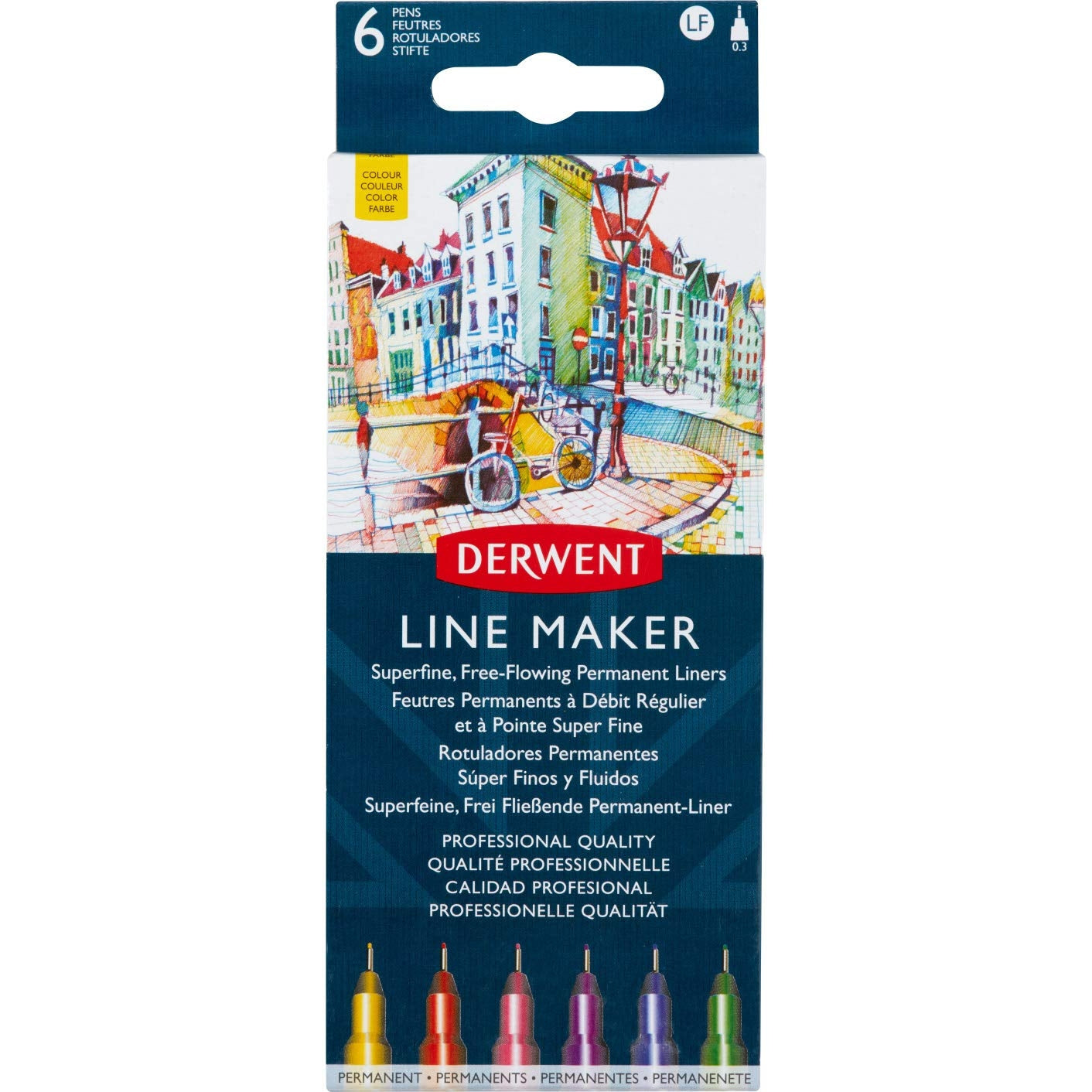 Derwent - Line Maker Pens - 6x Assorted Colours - Nib size 0.3mm