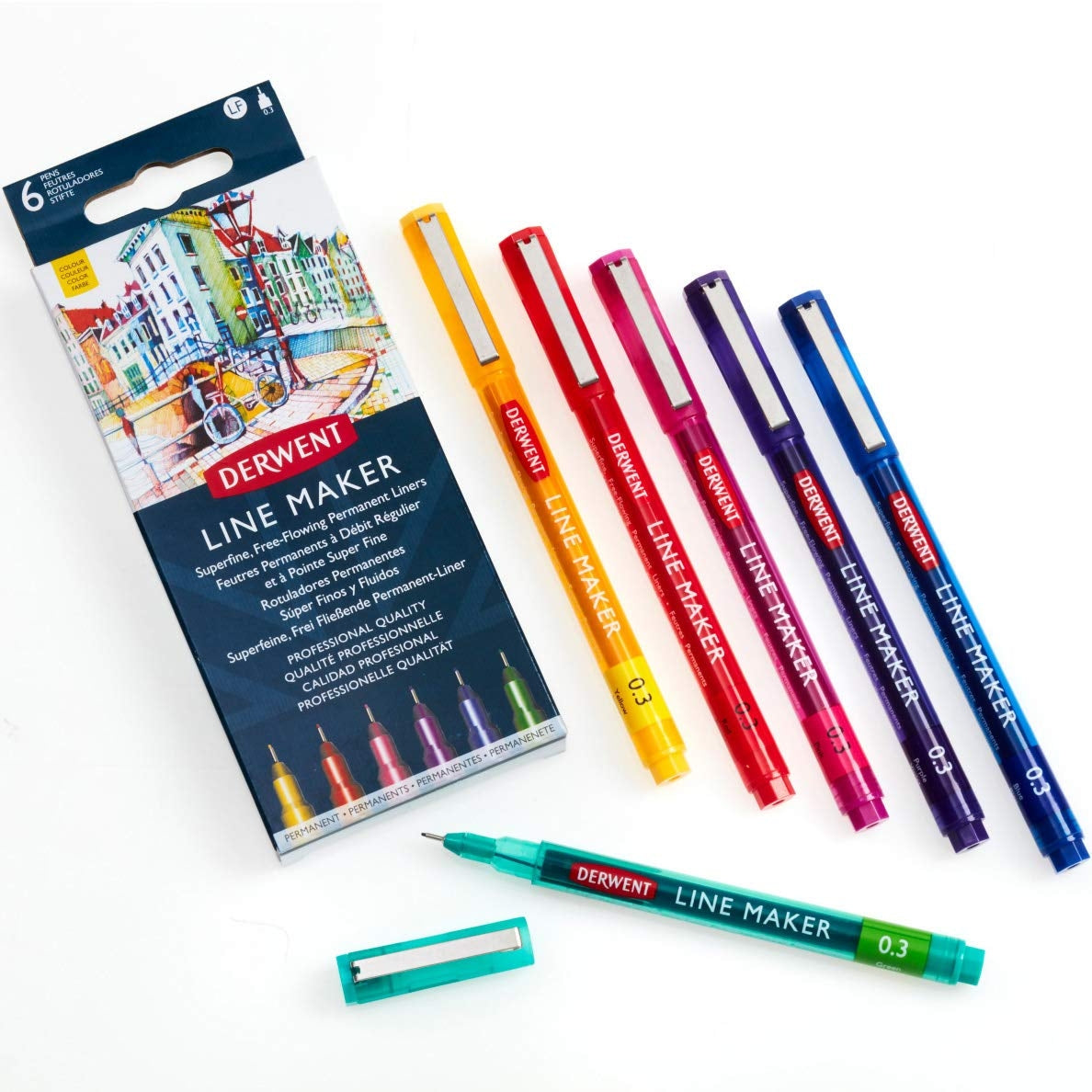 Derwent - Line Maker Pens - 6x Assorted Colours - Nib size 0.3mm