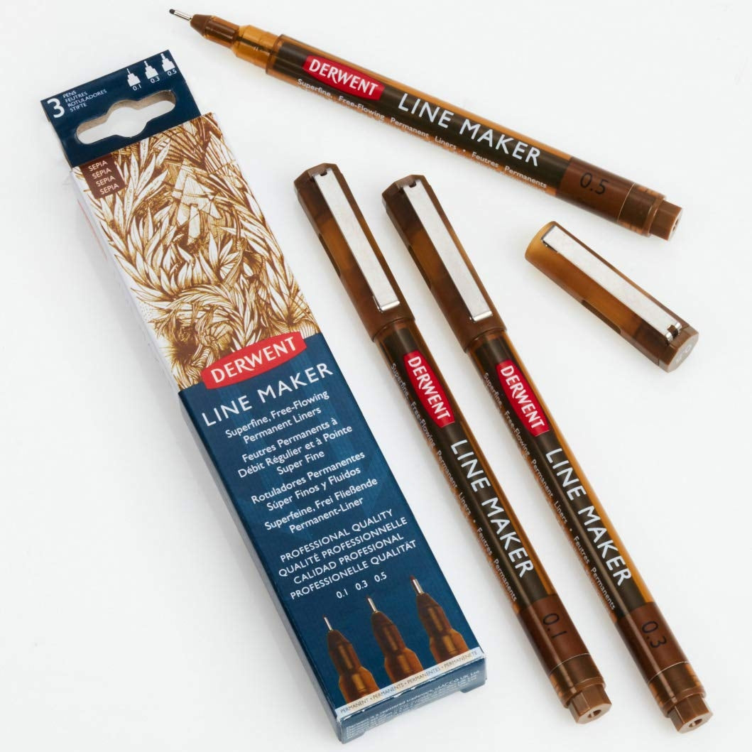 Derwent - Line Maker Pens - Sepia - 3x Assorted Size Nibs
