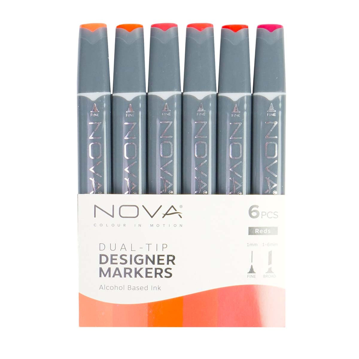 NOVA - Designer Markers - Dubbele tip - Basis op basis van alcohol - 6 Pack - Reds