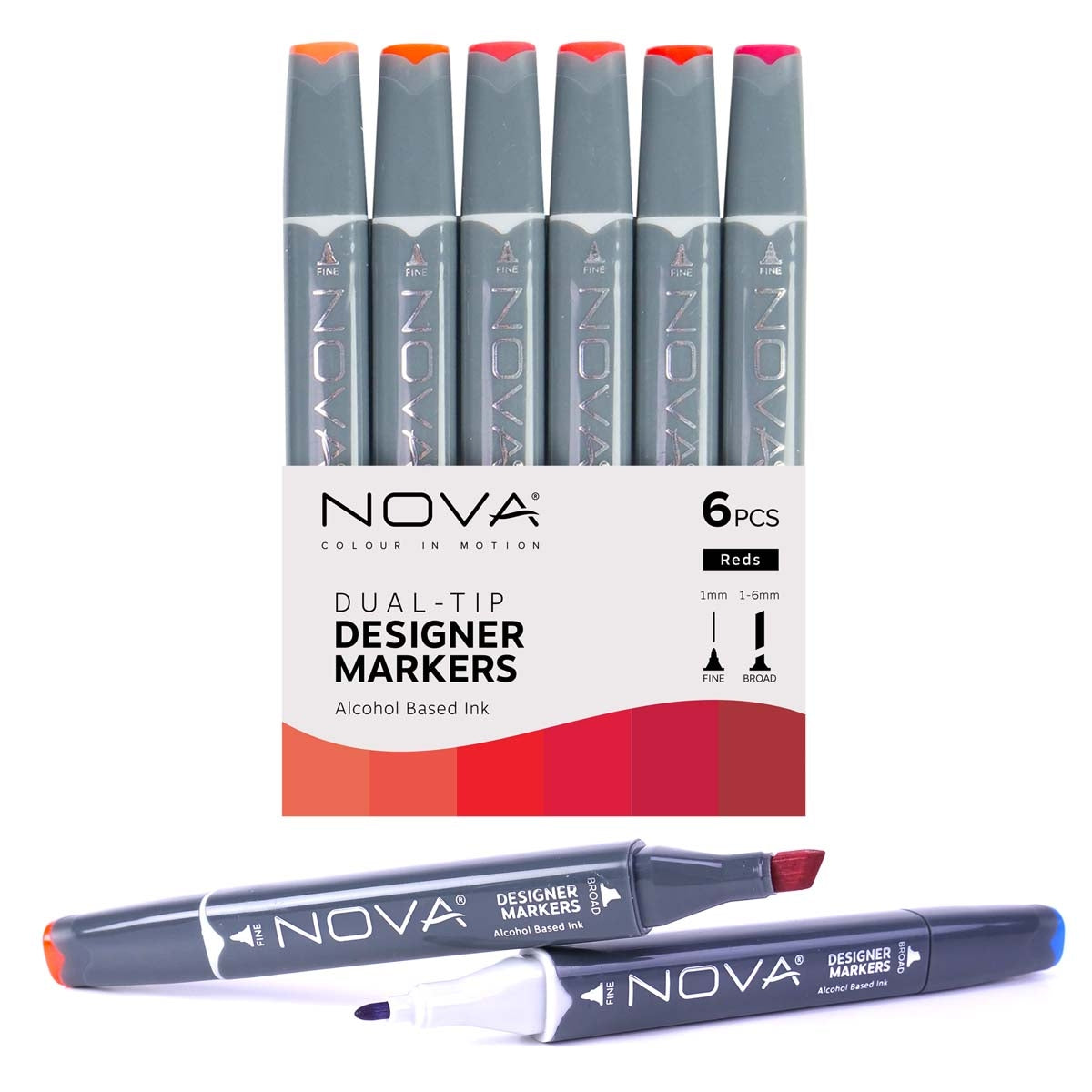 NOVA - Designer Markers - Dubbele tip - Basis op basis van alcohol - 6 Pack - Reds