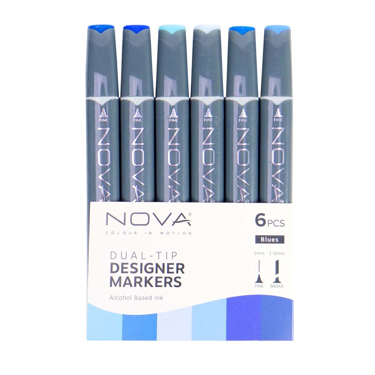 Nova - Designermarker - Dual Tipp - Alkoholbasierte - 6 Pack - Blues