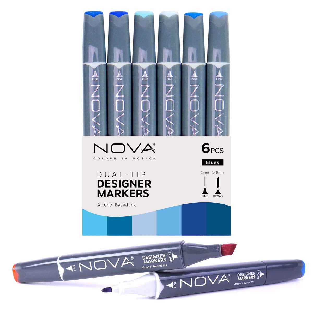 NOVA - Designer Markers - Dubbele tip - Basis op basis van alcohol - 6 Pack - Blues