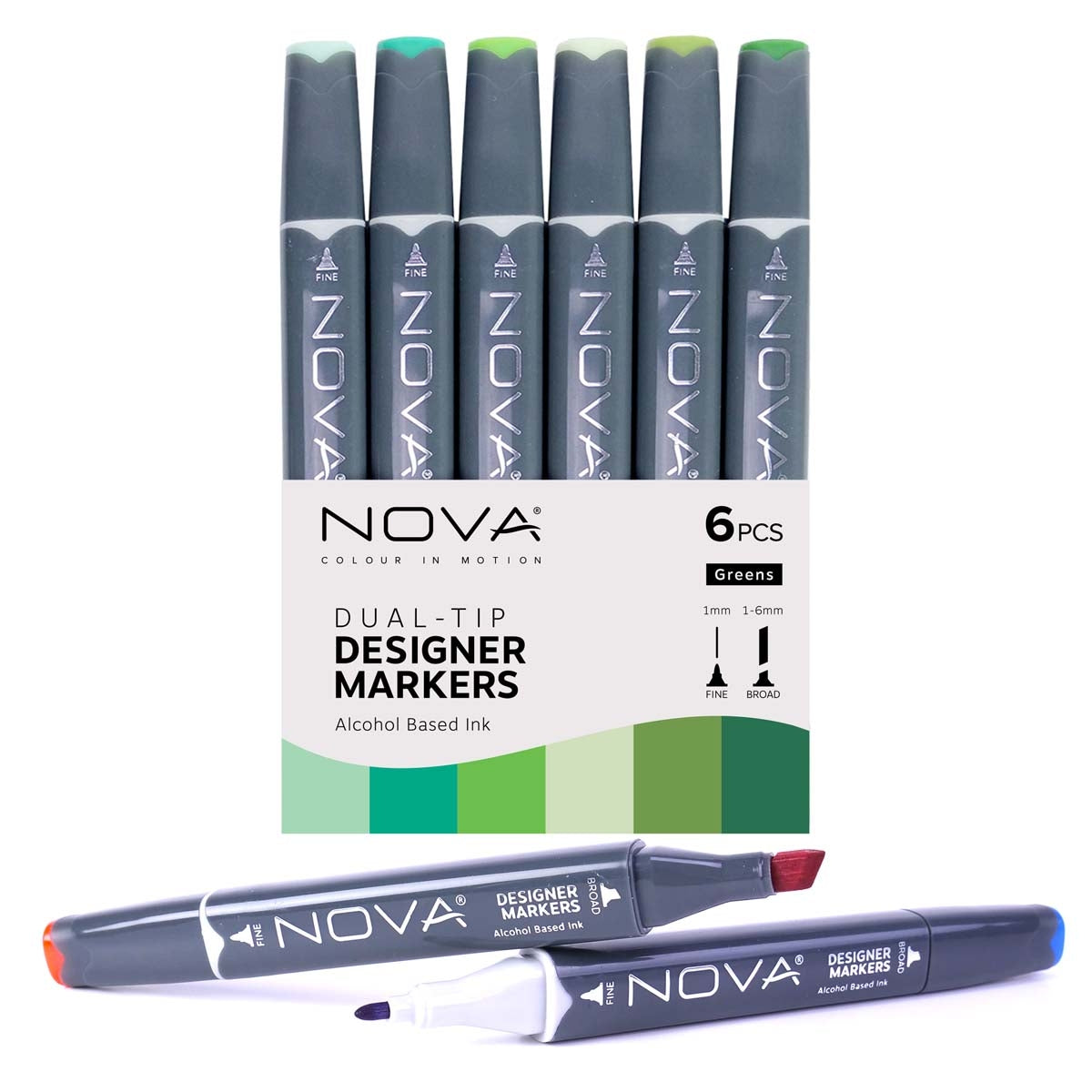 Nova - Designermarker - Dual Tipp - Alkoholbasierte - 6 Pack - Grüns