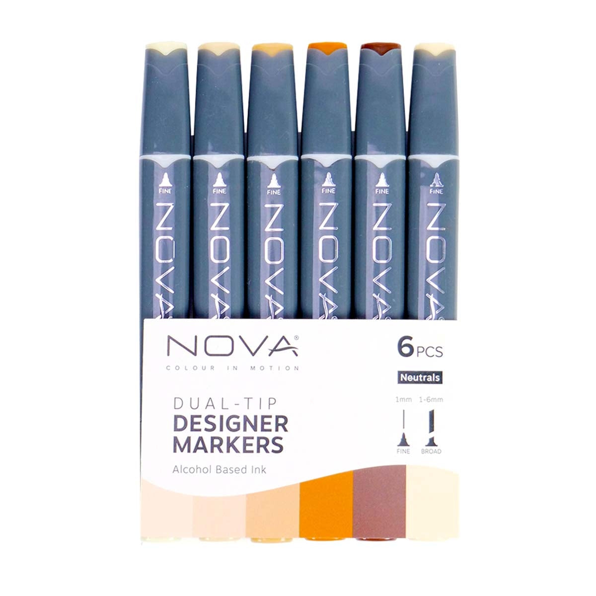 NOVA - Designer Markers - Dubbele tip - Basis op basis van alcohol - 6 Pack - Neutralen