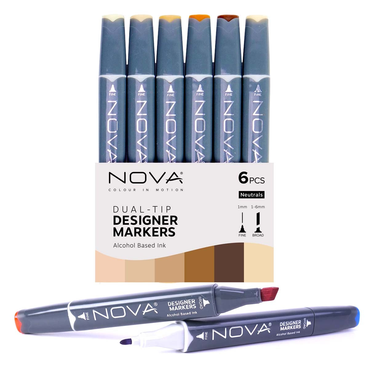NOVA - Designer Markers - Dubbele tip - Basis op basis van alcohol - 6 Pack - Neutralen