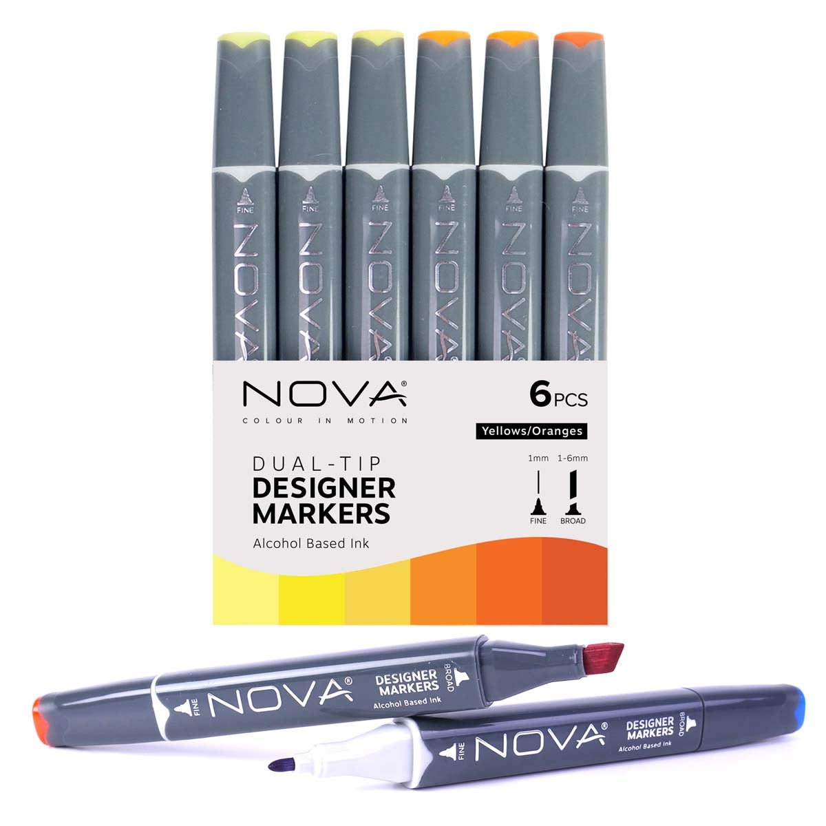 NOVA - Designer Markers - Dubbele tip - Basis op basis van alcohol - 6 Pack - Orange - Yellows