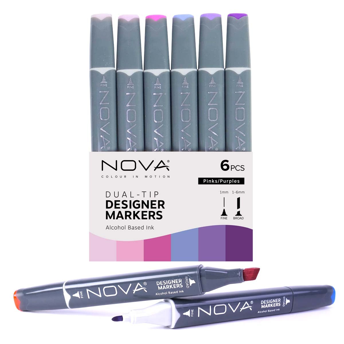 Nova - Designermarker - Dual Tipp - Alkoholbasierte - 6 Pack - Purpur - Rosa