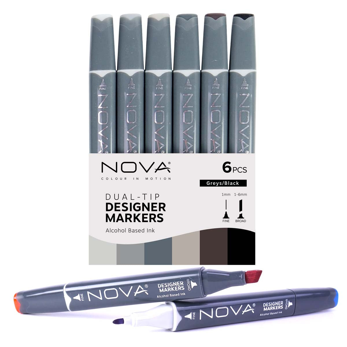 NOVA - Designer Markers - Dubbele tip - Basis op basis van alcohol - 6 Pack - Grays