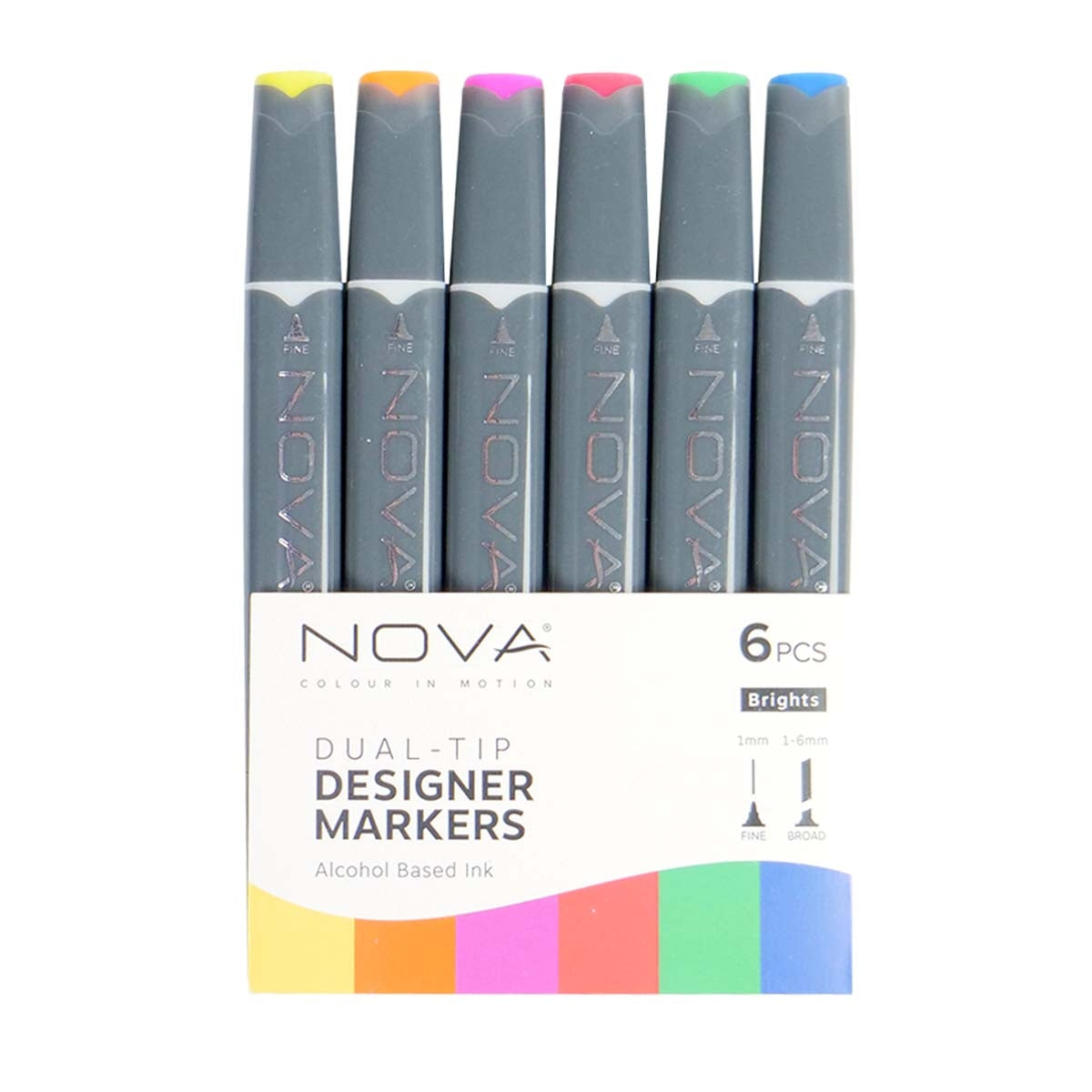 NOVA - Designer Markers - Dubbele tip - Basis op basis van alcohol - 6 Pack - Rainbow