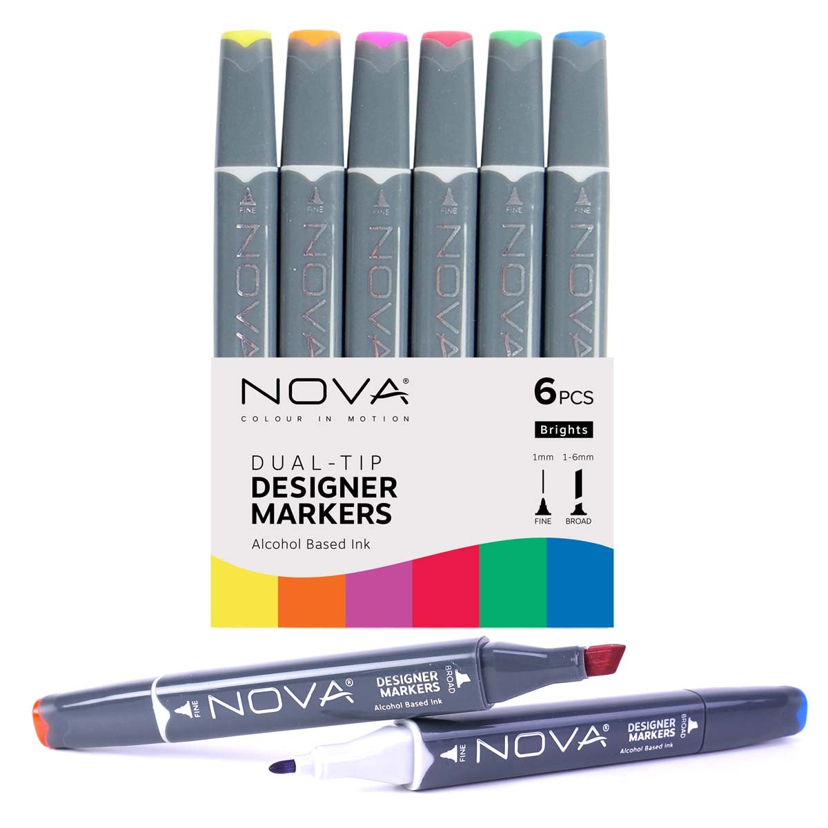 Nova - Designer Markers - Dual Tip - Alcohol Based - 6 Pack - Rainbow