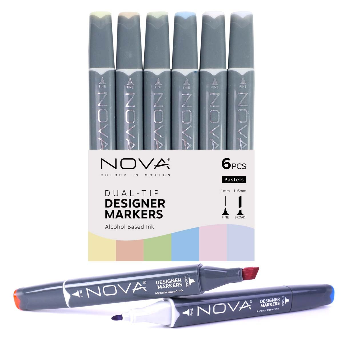 NOVA - Designer Markers - Dubbele tip - Basis op basis van alcohol - 6 Pack - Pastels