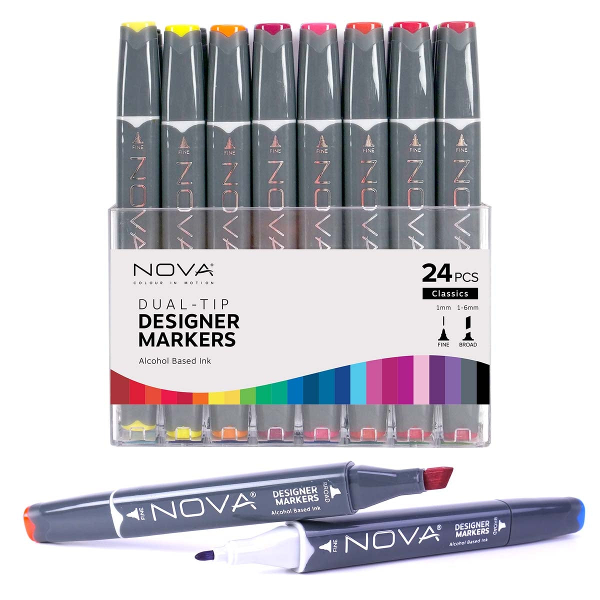 NOVA - Designer Markers - Dubbele tip - Basis op basis van alcohol - 24 Pack - Rainbow